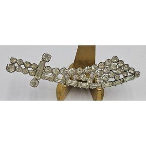 Vintage Rhinestone Sword Brooch Pin With Silver Tone Metal 1950s
